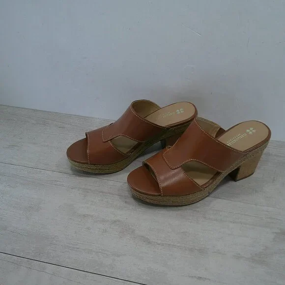 Naturalizer Evette Cognac Leather Slides Platform Wedge Peep toe Sandals 12 Wide - Picture 13 of 14